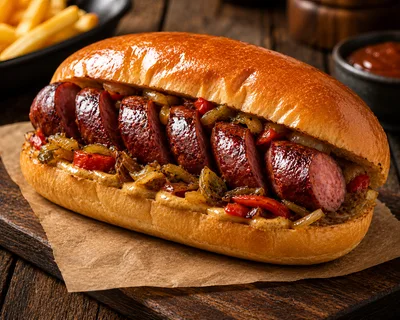 Gourmet Sausage Sandwich With Peppers And Onions