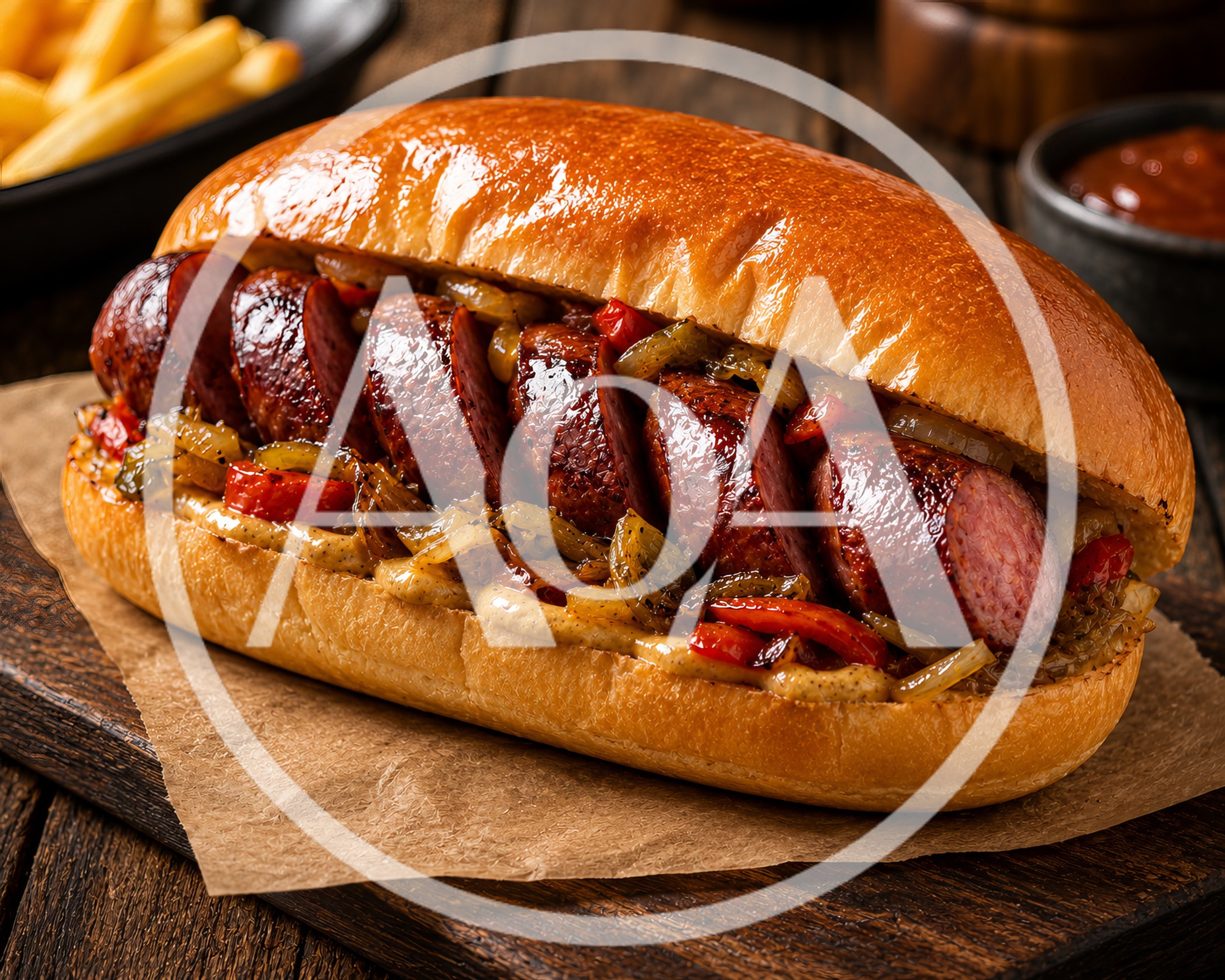 Gourmet Sausage Sandwich With Peppers And Onions