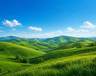 Rolling Green Hills Under A Bright Blue Sky