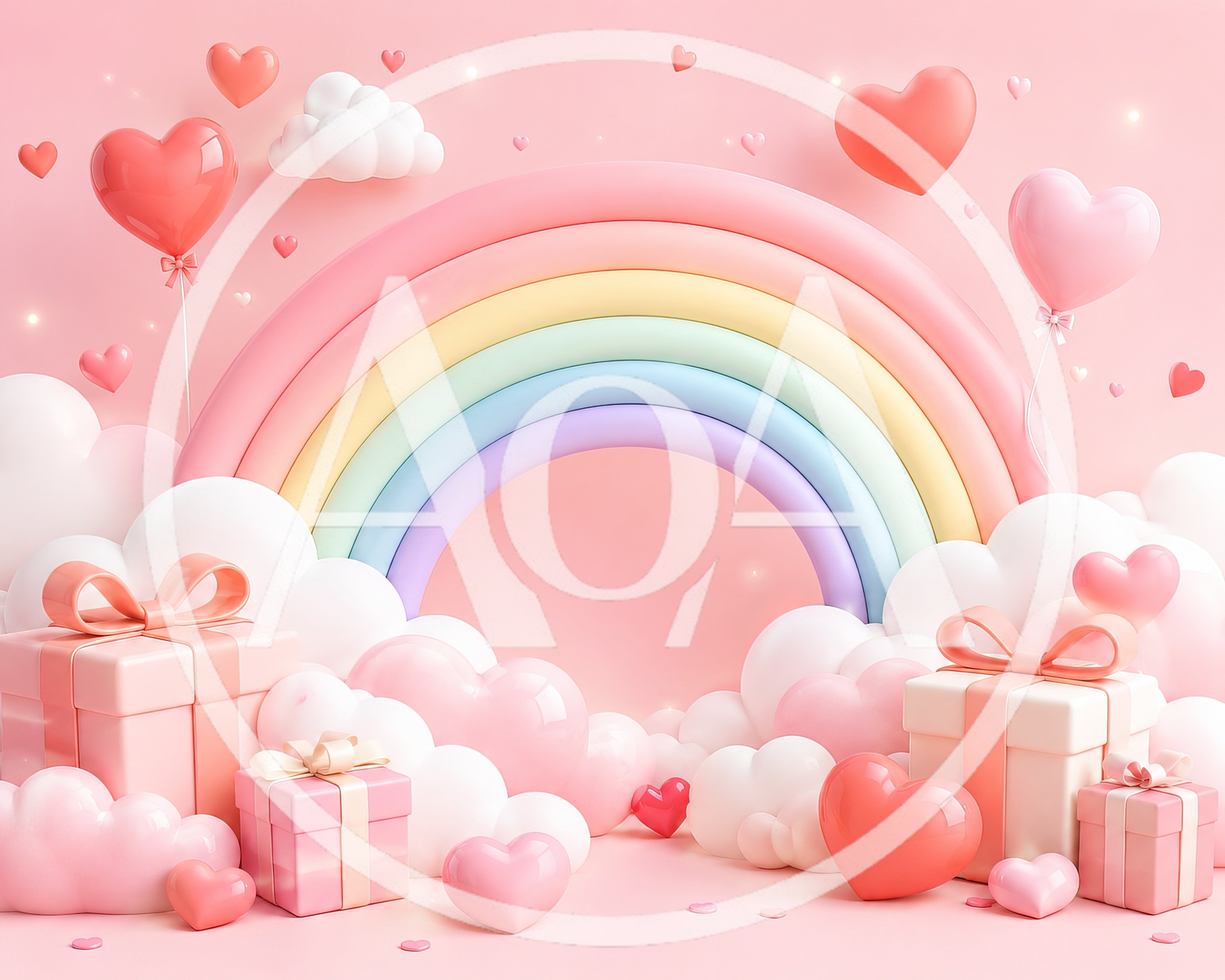3D Rendered Valentine Day Background with Rainbow and Gifts