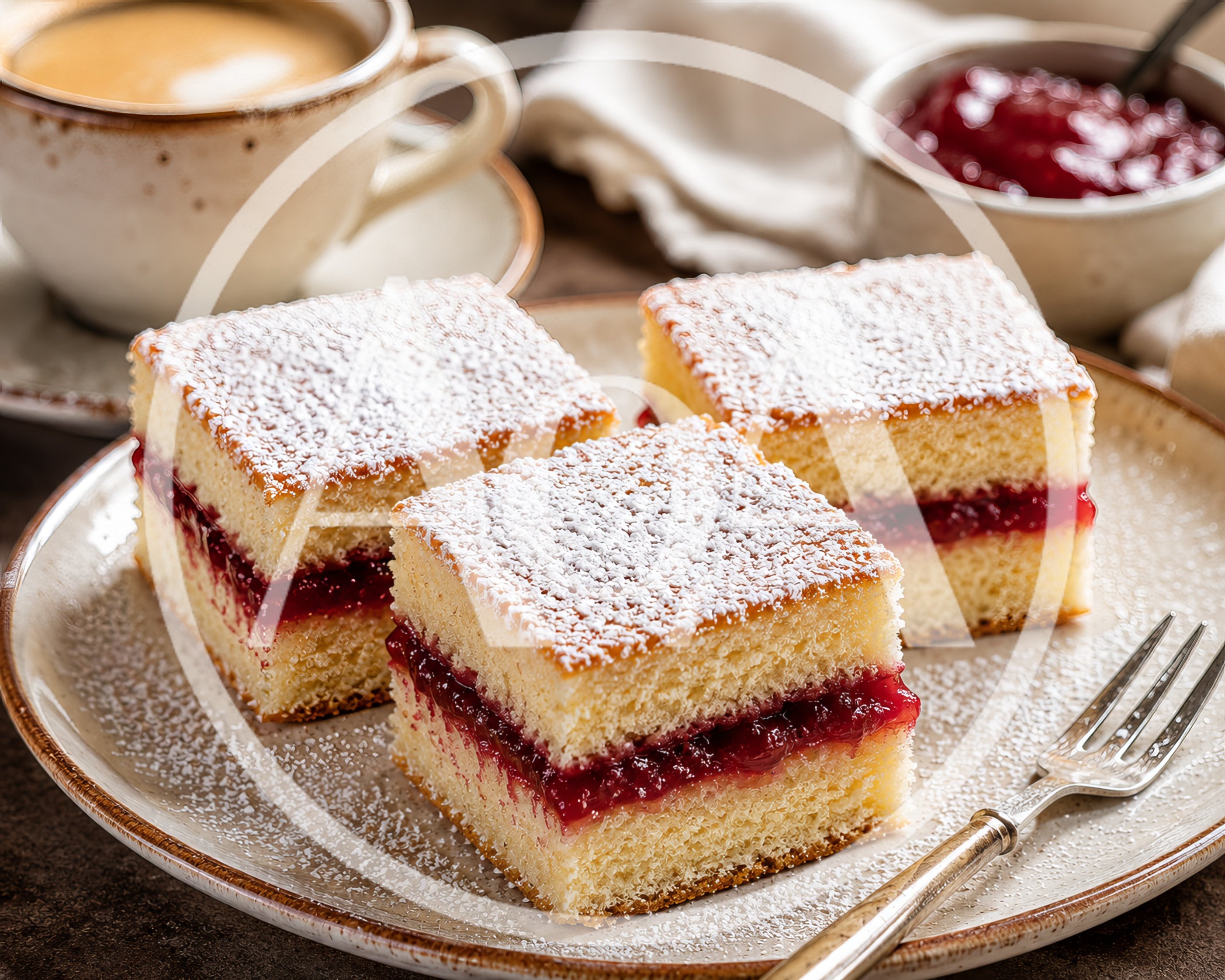 Three Squares Of Jam Filled Sponge Cake