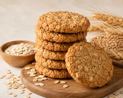 Stack of Homemade Oatmeal Cookies on Wooden Board