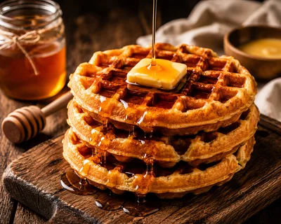Stack Of Golden Waffles With Melting Butter And Syrup