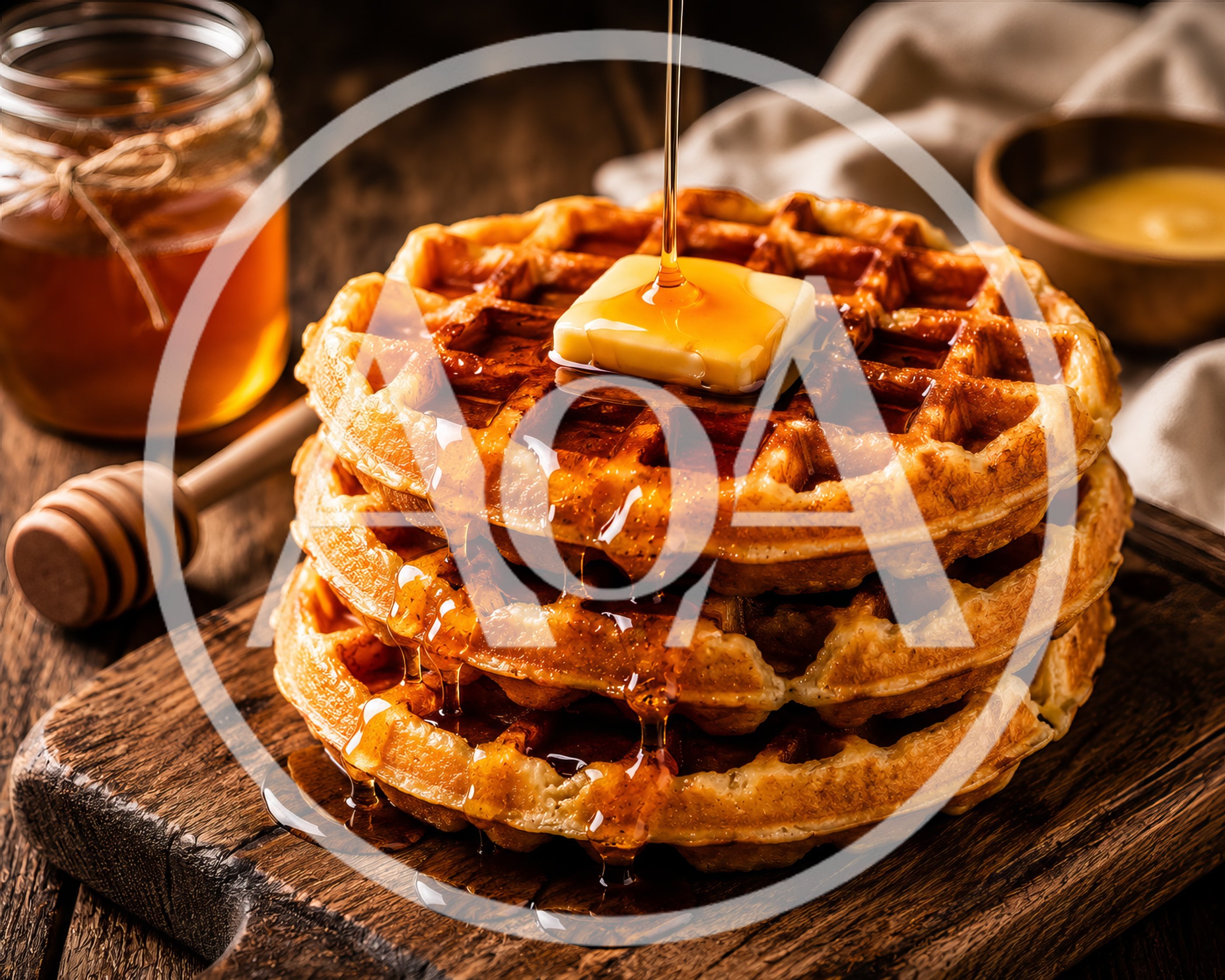 Stack Of Golden Waffles With Melting Butter And Syrup