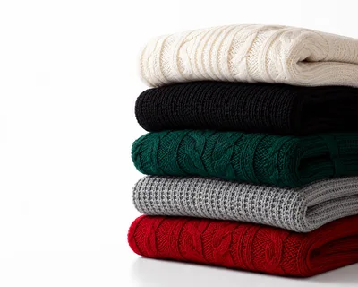 Stack Of Folded Knitted Sweaters On White Background