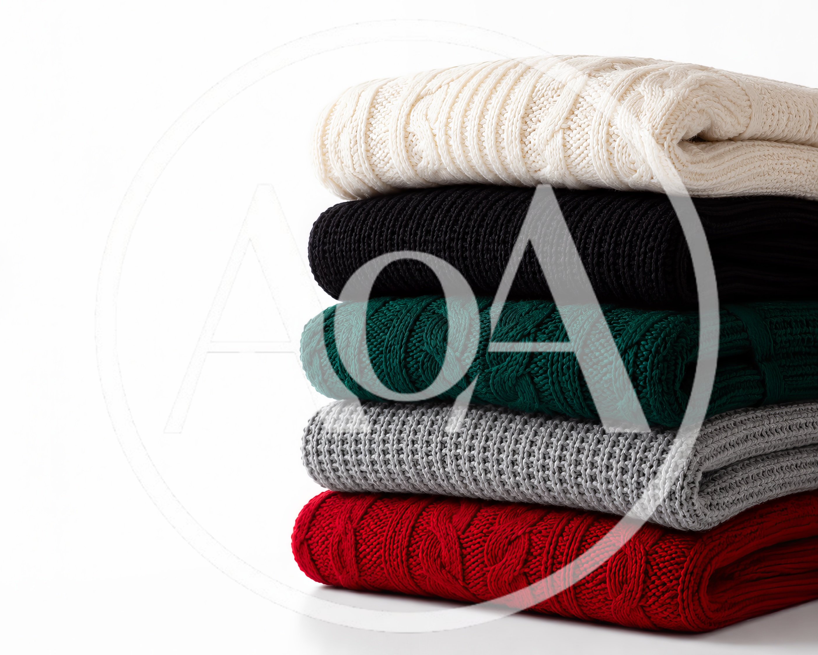 Stack Of Folded Knitted Sweaters On White Background