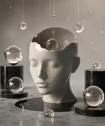 Surreal Cracked Ceramic Head Sculpture With Floating Glass Spheres