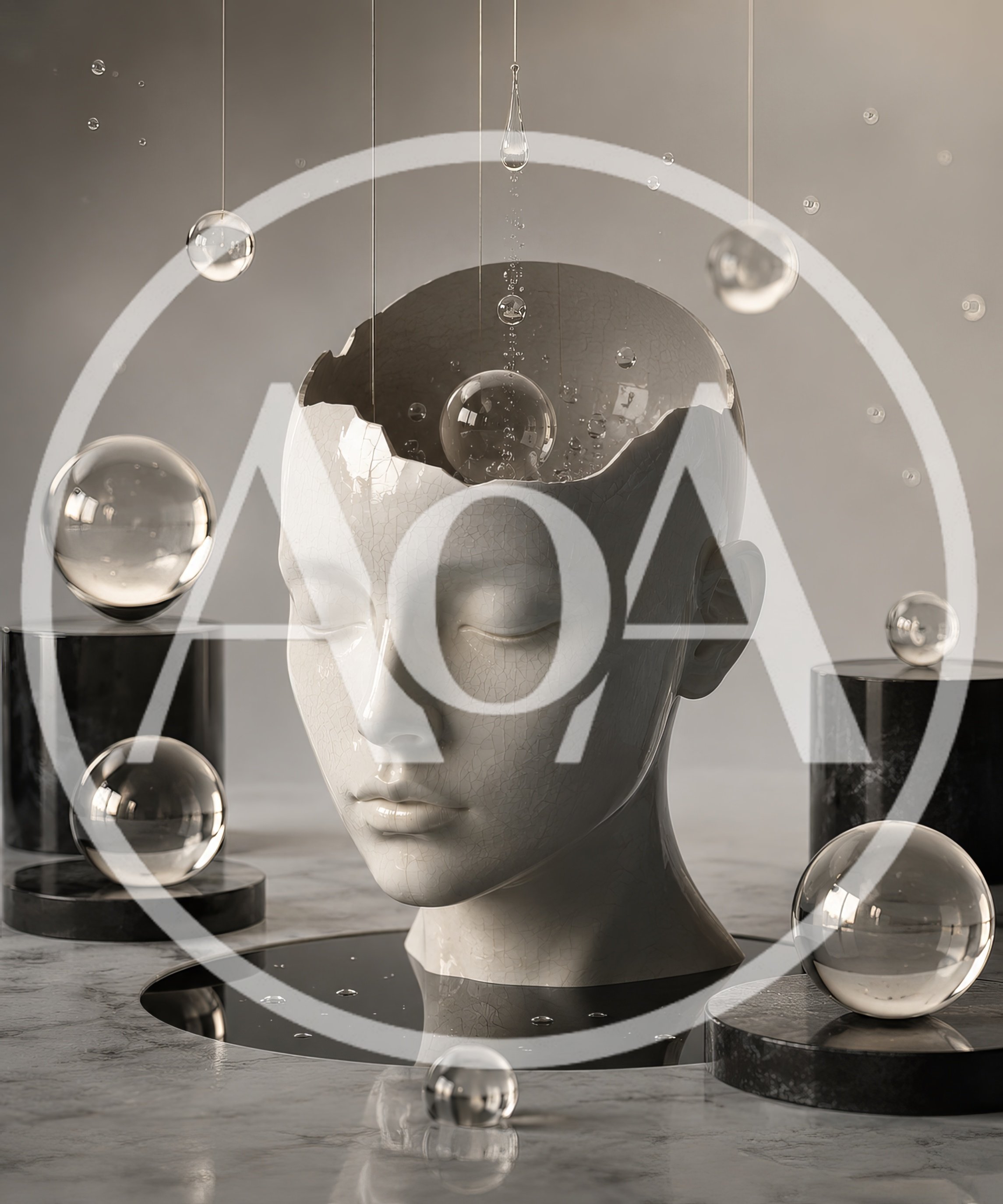 Surreal Cracked Ceramic Head Sculpture With Floating Glass Spheres