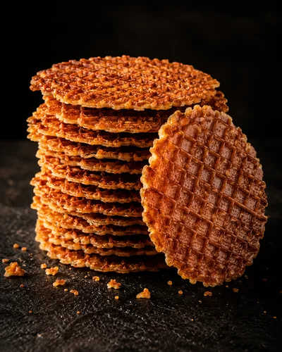 Stack of Crispy Caramel Stroopwafels on Dark Surface