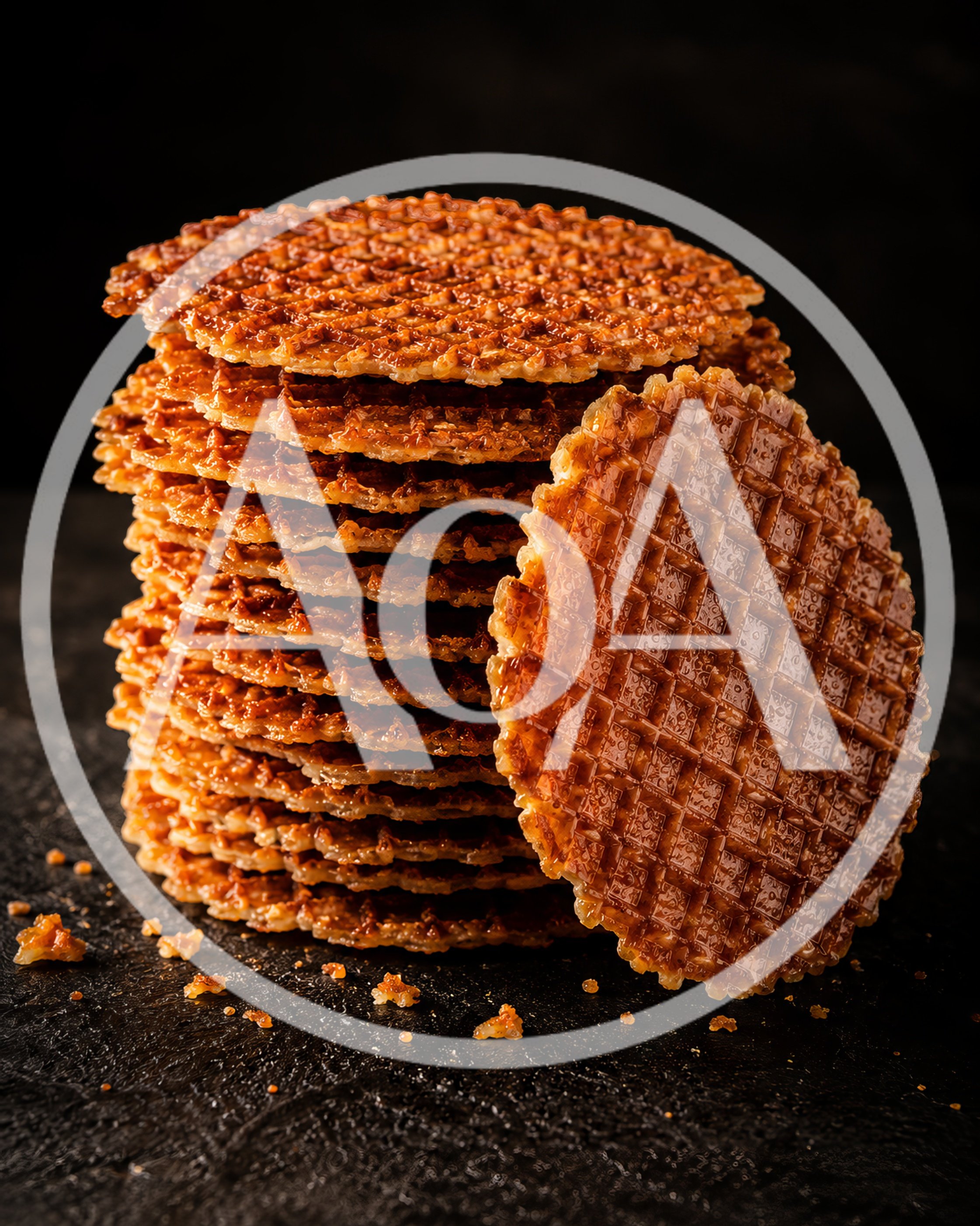 Stack of Crispy Caramel Stroopwafels on Dark Surface