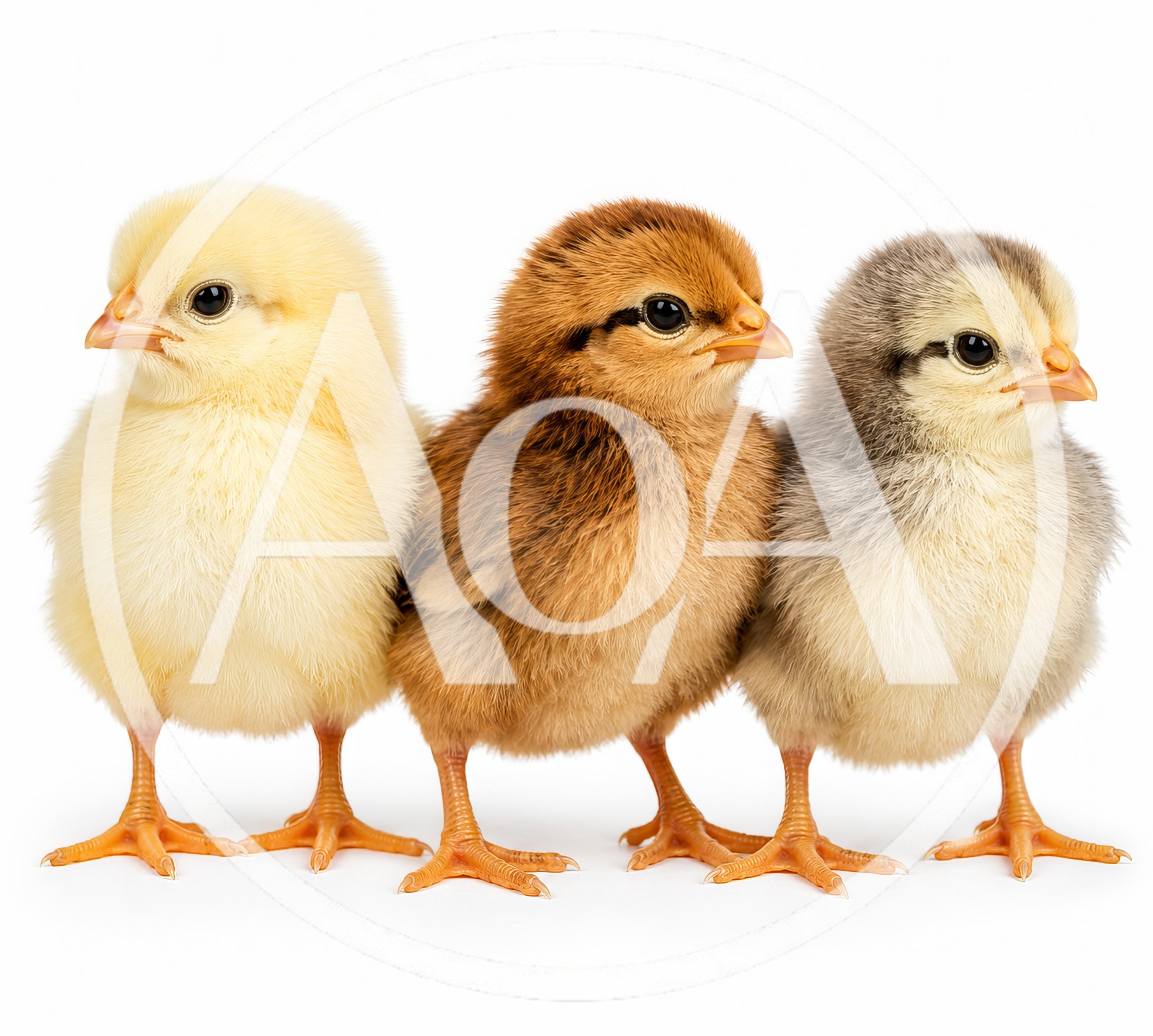 Three Fluffy Chicks Standing In A Row