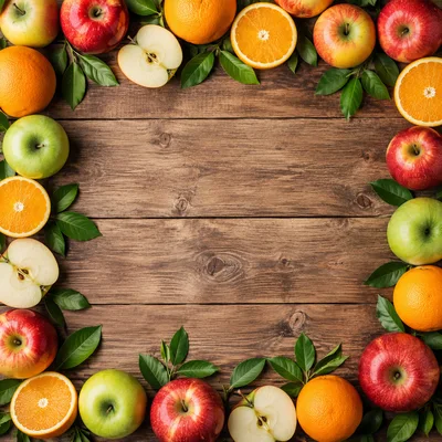 Fresh Fruit Frame on Rustic Wooden Background
