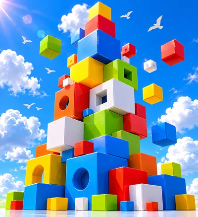 Abstract Tower of Colorful Geometric Building Blocks