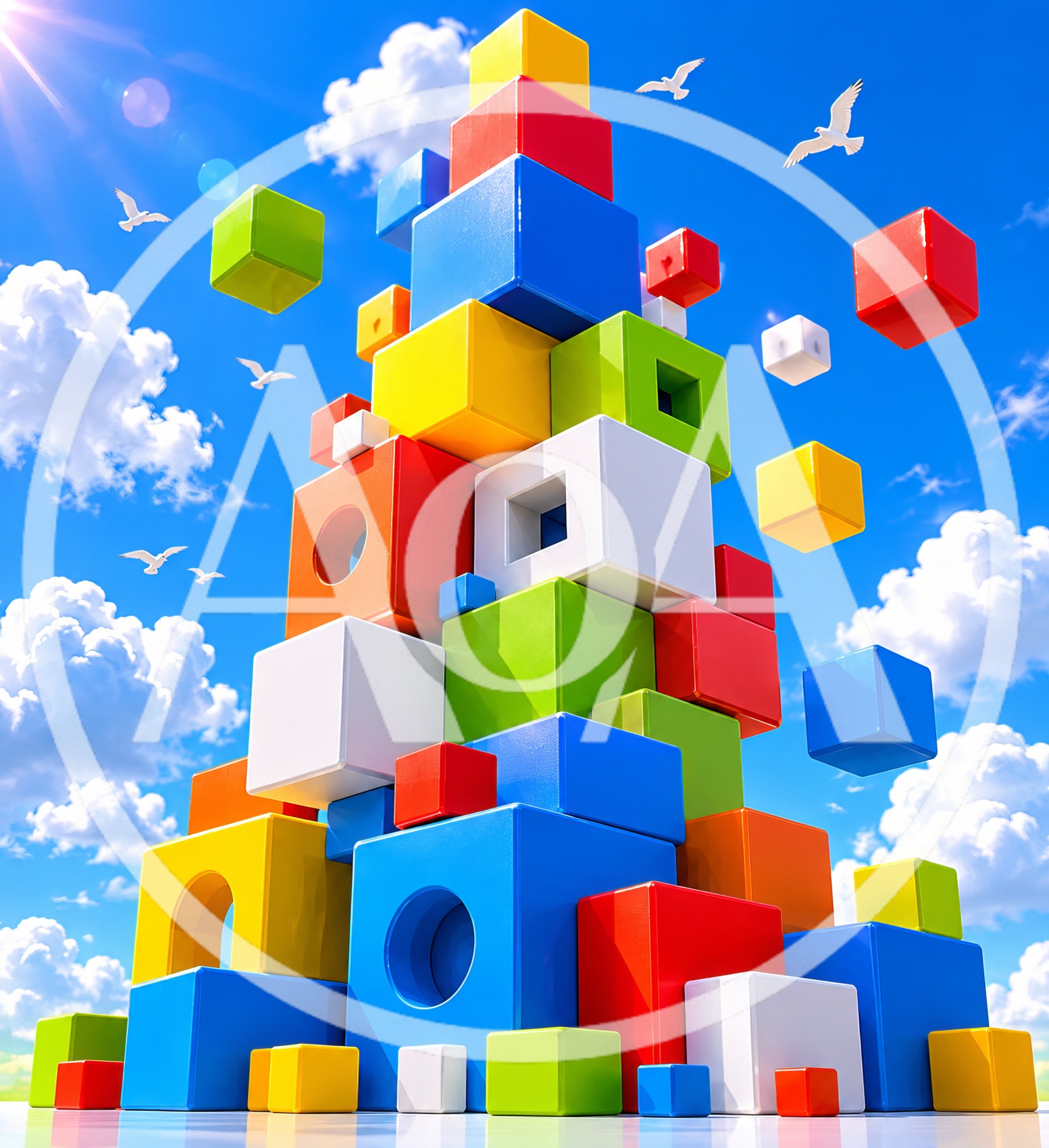 Abstract Tower of Colorful Geometric Building Blocks