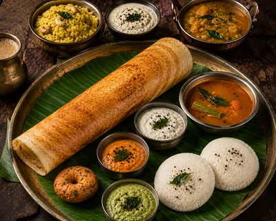 Traditional South Indian Breakfast Platter With Dosa And Idli