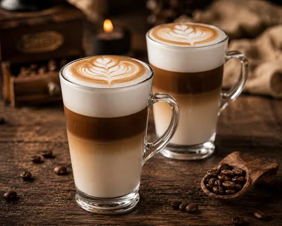 Two Glass Mugs Of Layered Latte Coffee