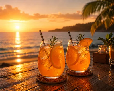 Two Refreshing Orange Cocktails At Sunset Beach Bar