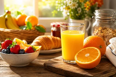 Healthy Breakfast Spread With Fresh Orange Juice And Fruit