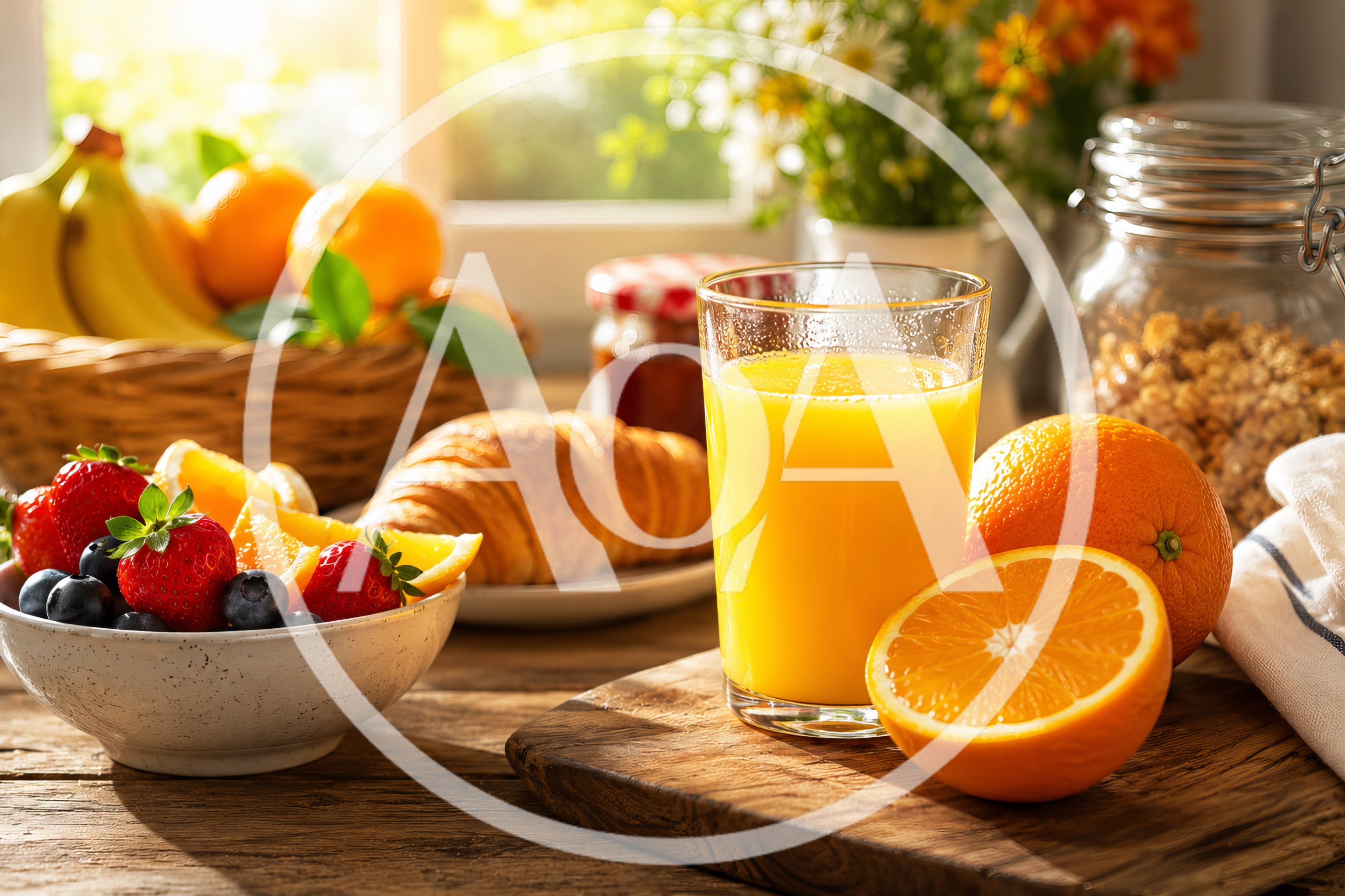 Healthy Breakfast Spread With Fresh Orange Juice And Fruit