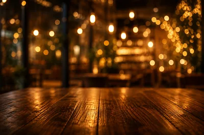Empty Wooden Table In A Dimly Lit Restaurant