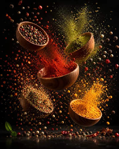 Floating Wooden Bowls With Exploding Colorful Spices
