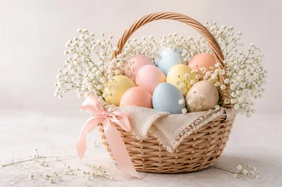 Easter Basket With Pastel Eggs And Baby's Breath