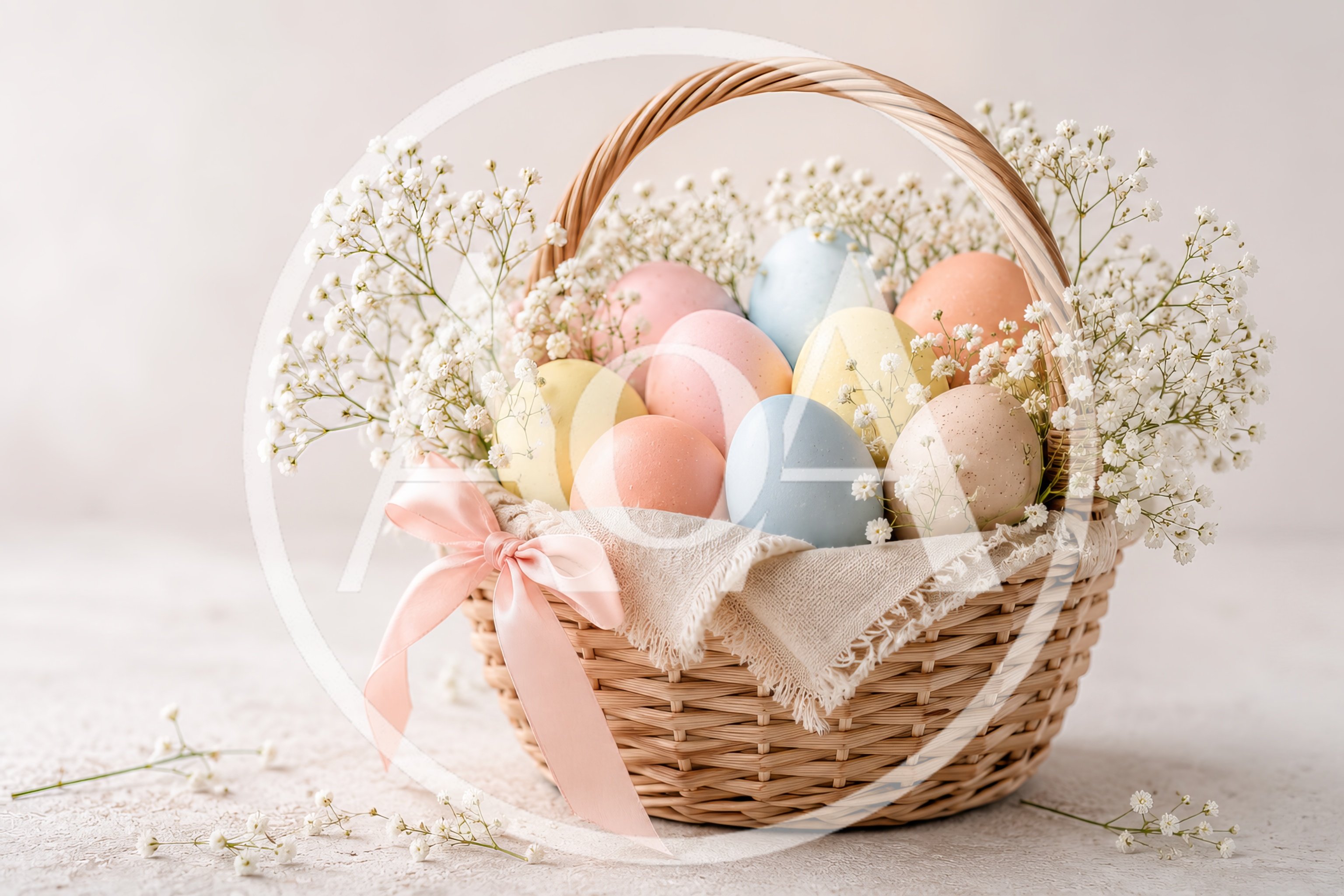 Easter Basket With Pastel Eggs And Baby's Breath