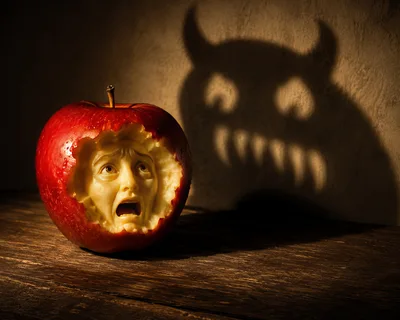 Scared Human Face Carved Into A Red Apple