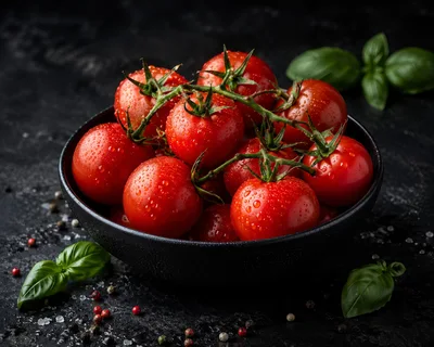 Fresh Red Tomatoes on Vine in Black Bowl