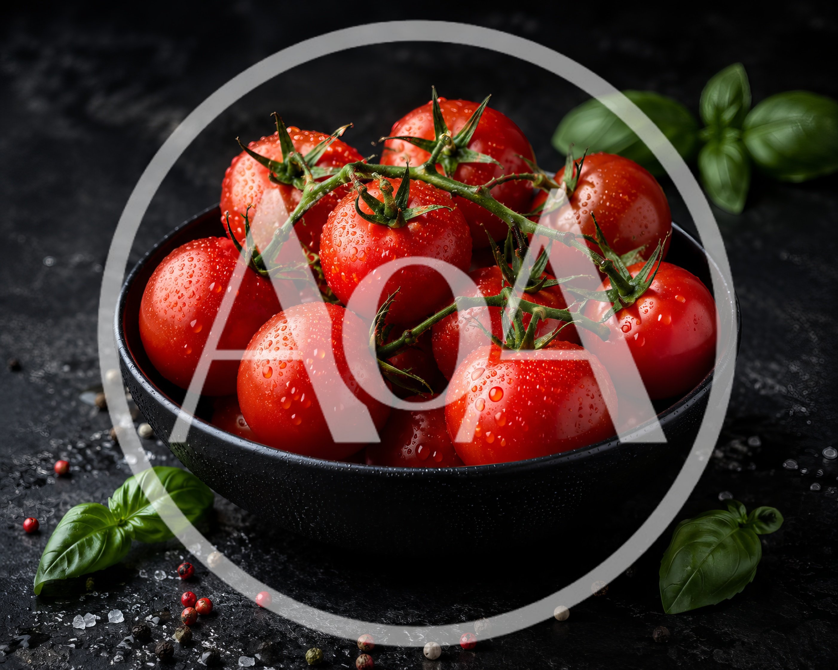 Fresh Red Tomatoes on Vine in Black Bowl