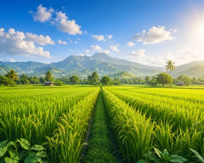 Lush Green Rice Fields Under A Mountain Landscape