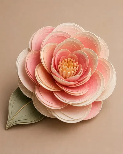 Paper Craft Camellia Flower With Green Leaf