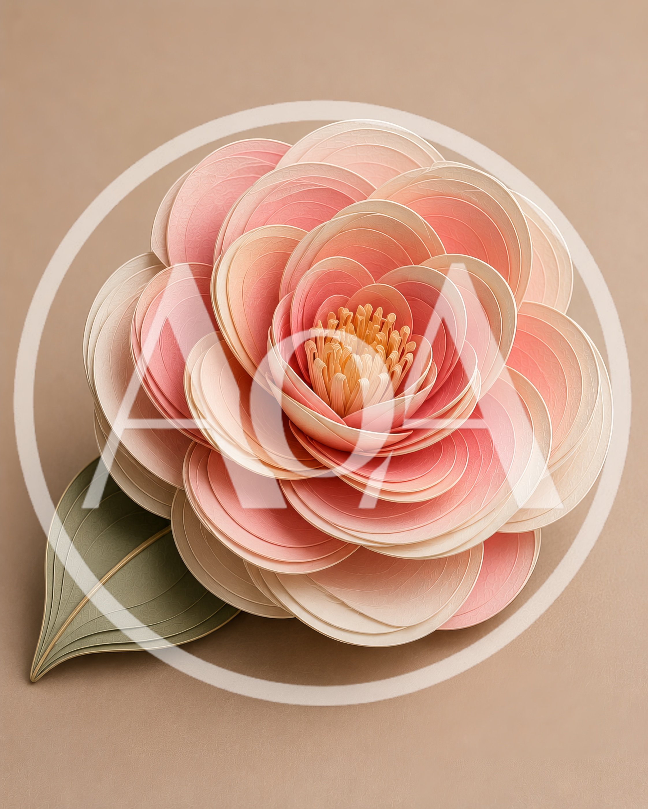 Paper Craft Camellia Flower With Green Leaf