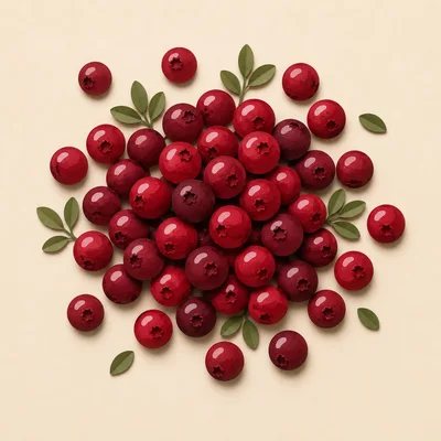 Fresh Red Cranberries Arranged With Green Leaves