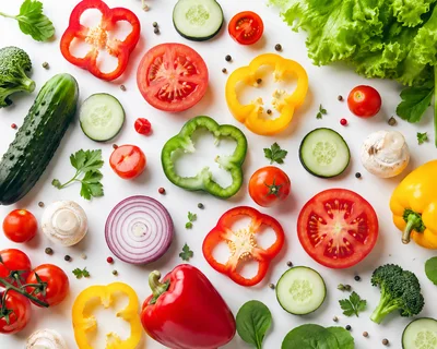 Fresh Vegetables and Herbs Flat Lay Composition