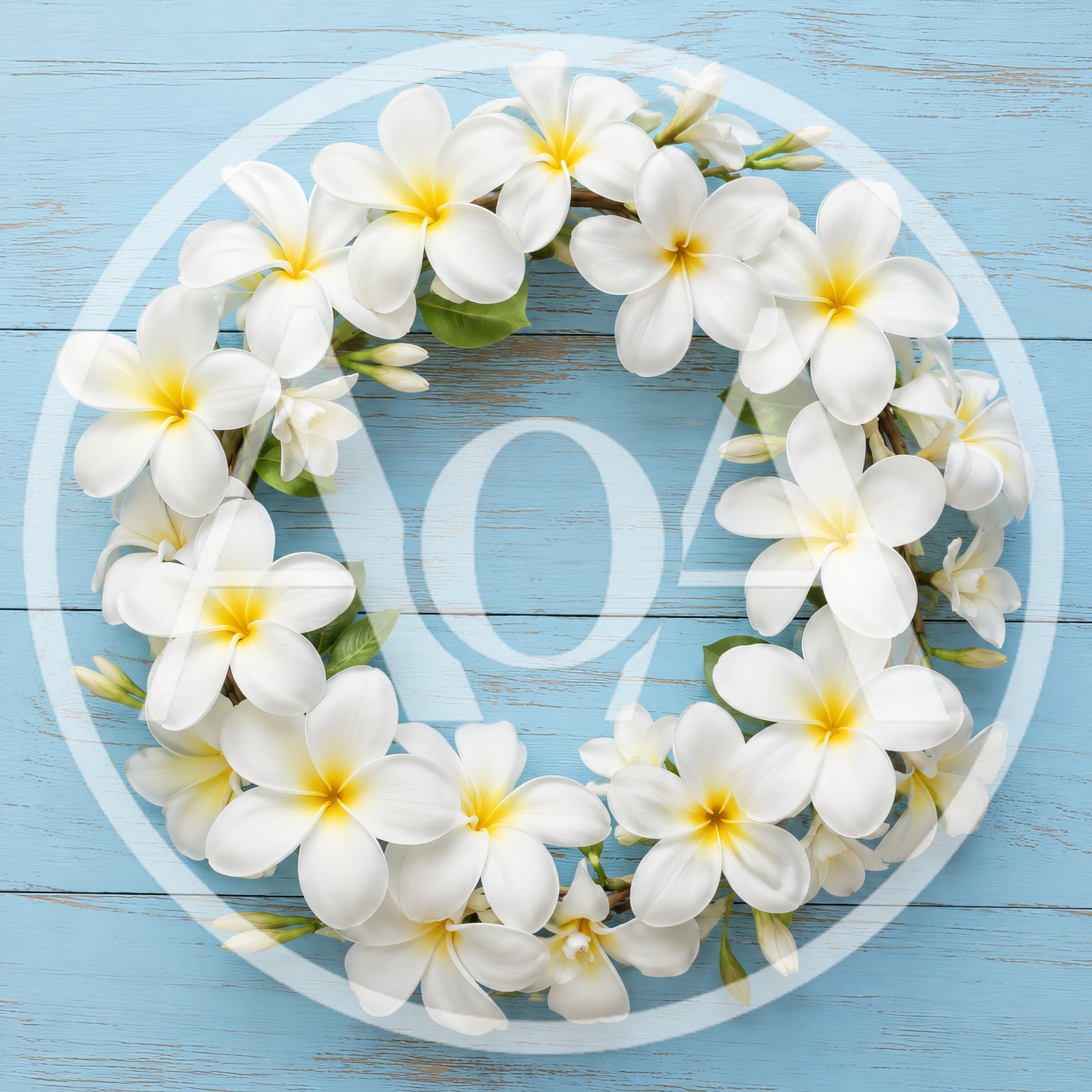 Plumeria Flower Wreath on Blue Wooden Background