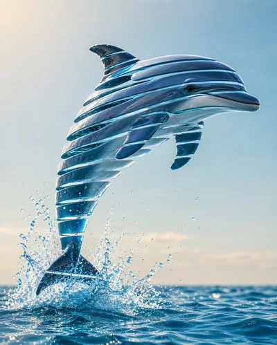 Abstract Metallic Dolphin Leaping From Ocean Waves