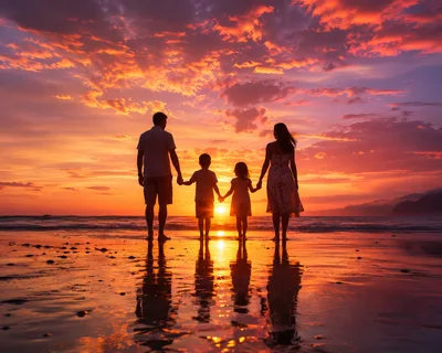 Family Holding Hands Walking On Beach At Sunset
