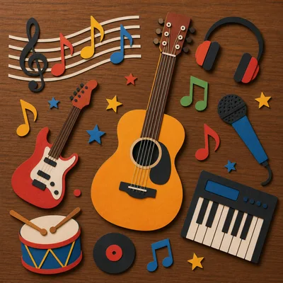 Paper Cutout Musical Instruments and Notes Composition