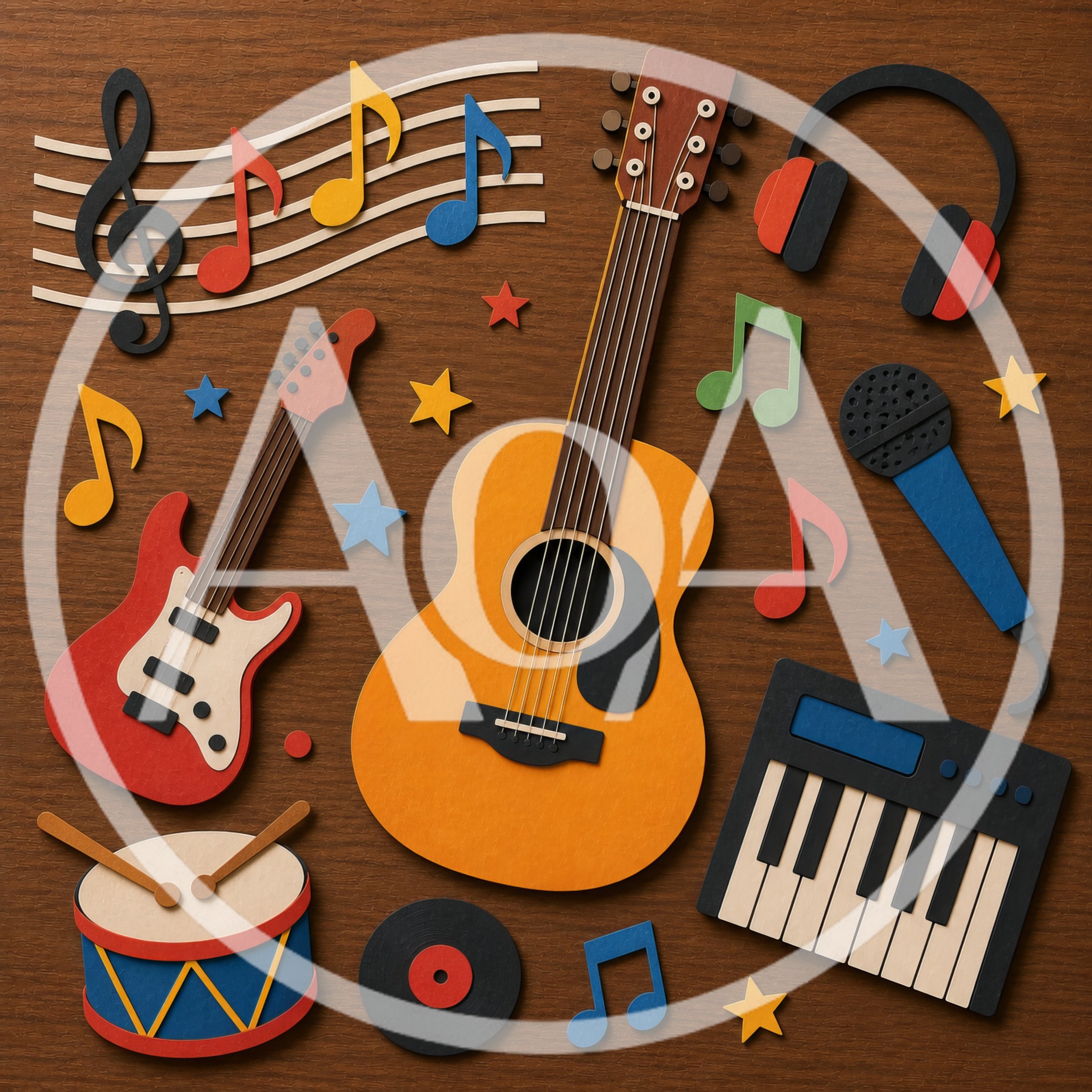 Paper Cutout Musical Instruments and Notes Composition