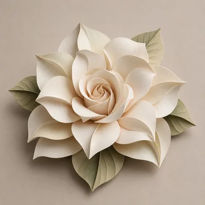 Paper Craft Cream Rose Flower With Green Leaves