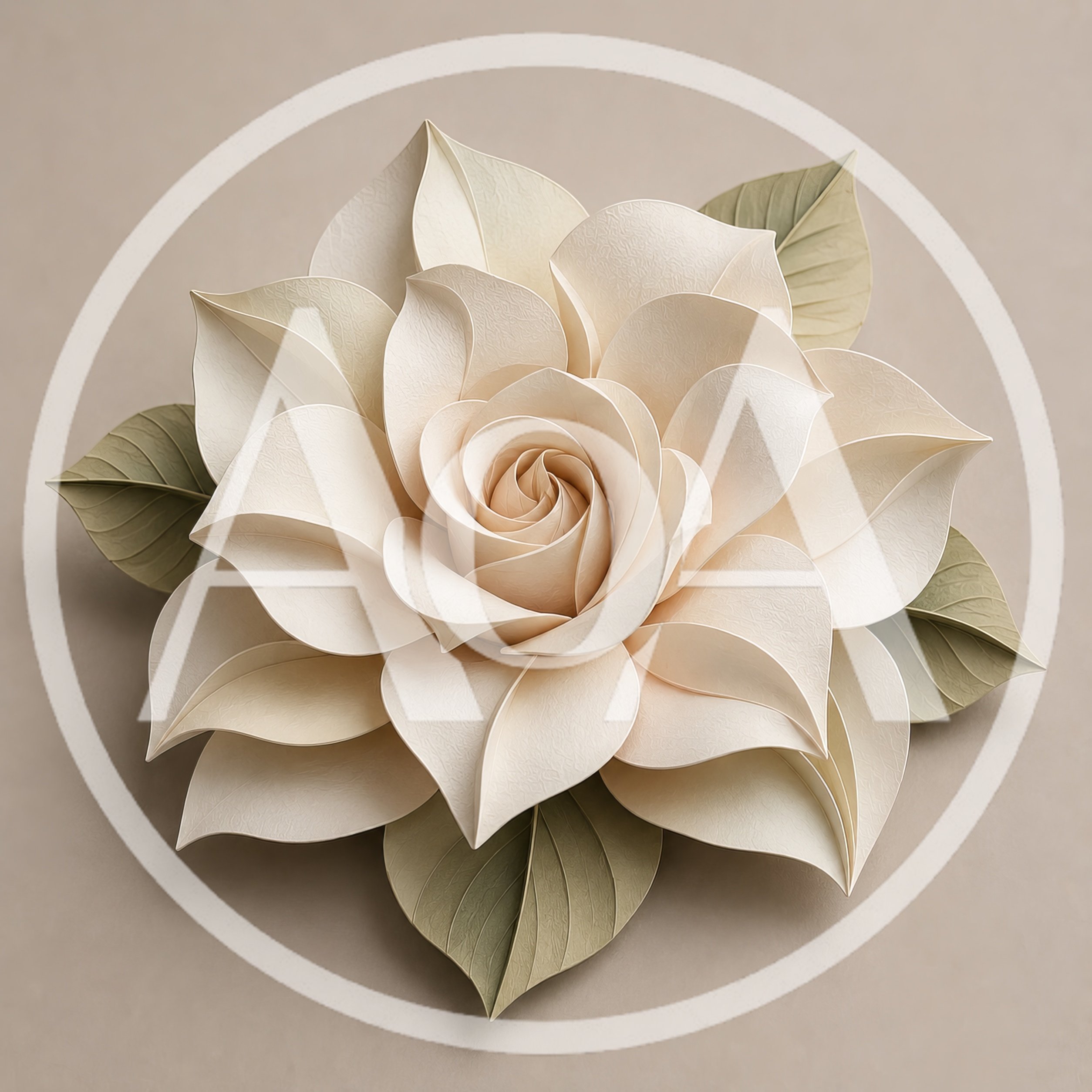 Paper Craft Cream Rose Flower With Green Leaves