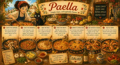 Animated Style Paella Cooking Recipe Infographic