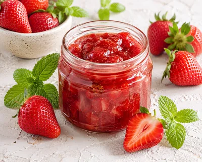 Glass Jar Of Homemade Strawberry Jam With Fresh Berries