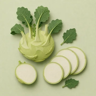 Fresh Kohlrabi Vegetable With Sliced Pieces On Green Background