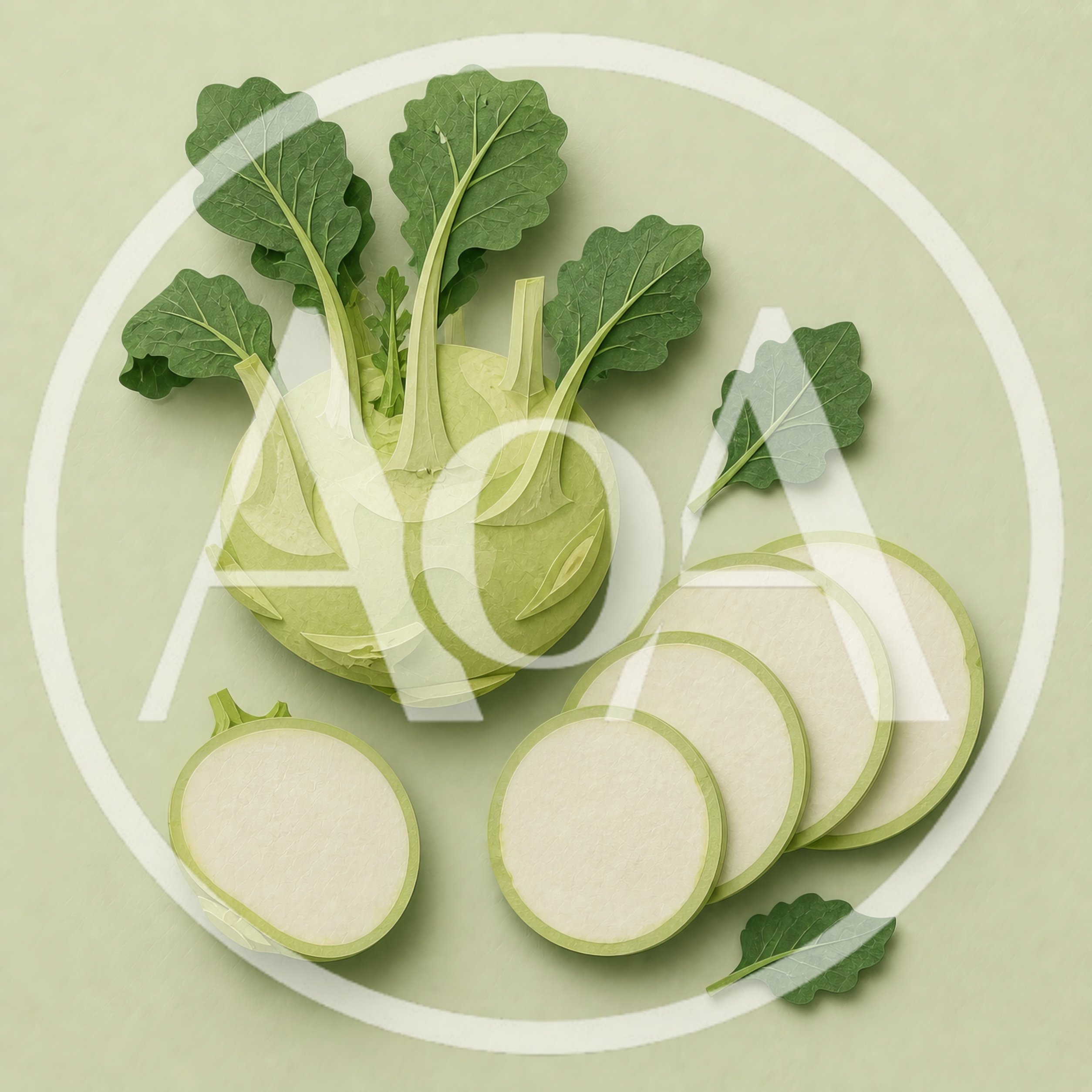 Fresh Kohlrabi Vegetable With Sliced Pieces On Green Background