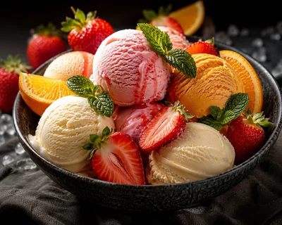 Gourmet Ice Cream Bowl With Fresh Fruit And Mint