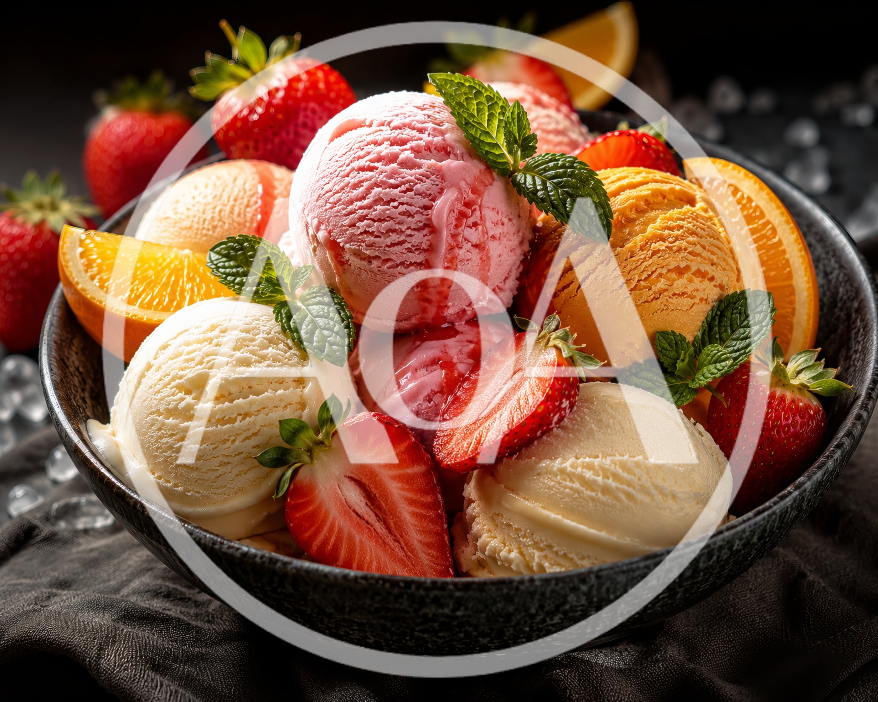 Gourmet Ice Cream Bowl With Fresh Fruit And Mint