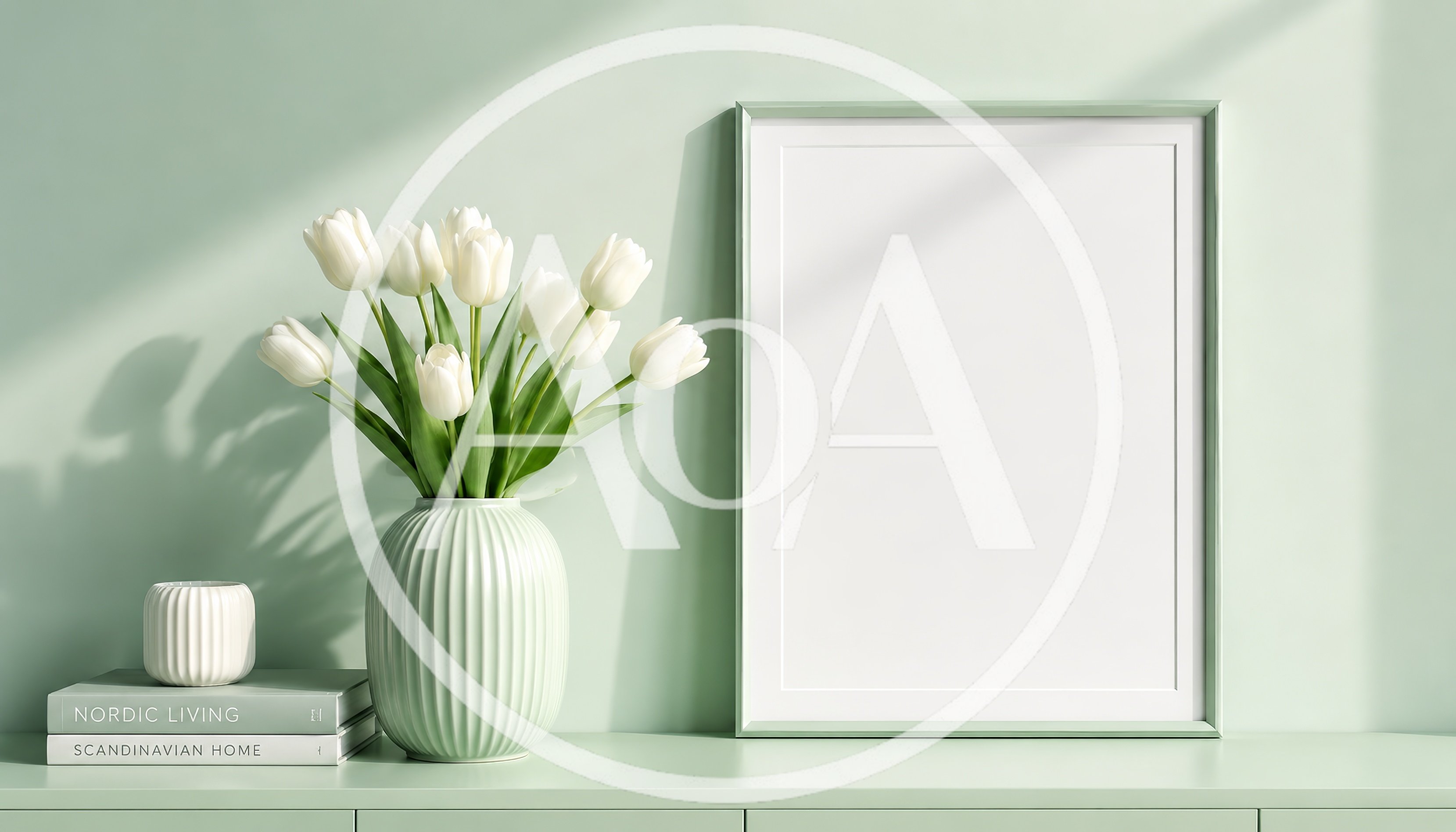 Minimalist Interior With White Tulips And Picture Frame