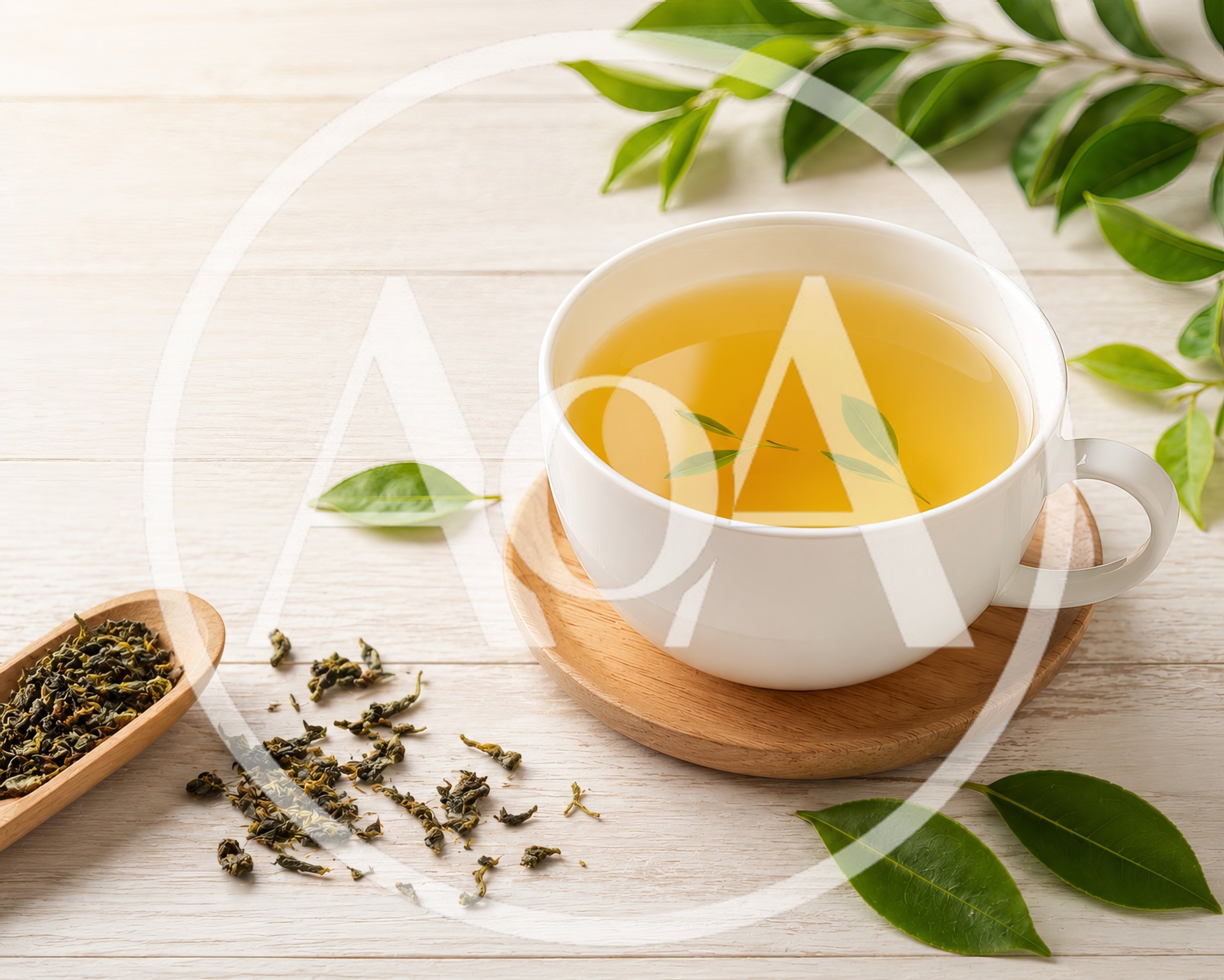 Cup Of Green Tea With Loose Leaves On Wooden Table